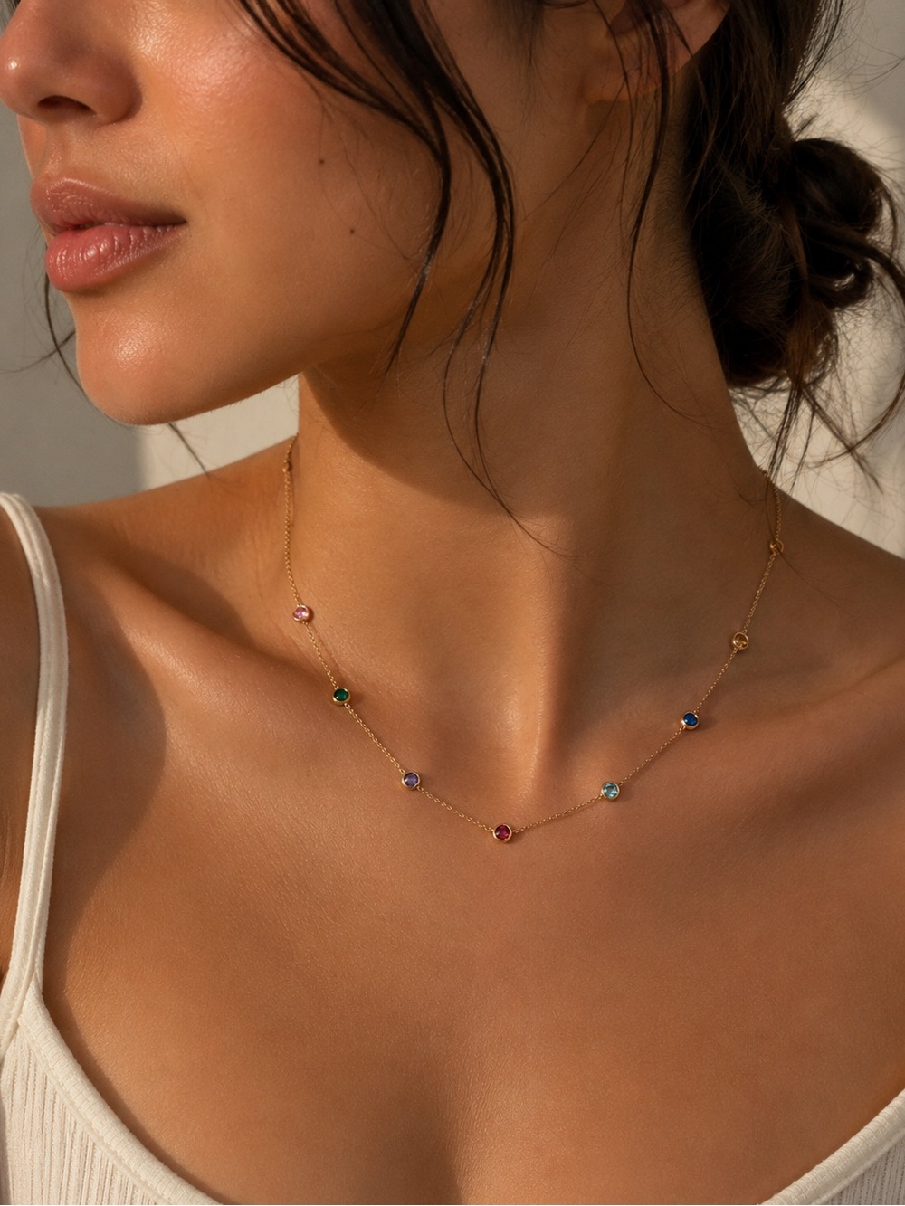 18K Gold Plated Station Necklace with Multi-Colored Gemstones